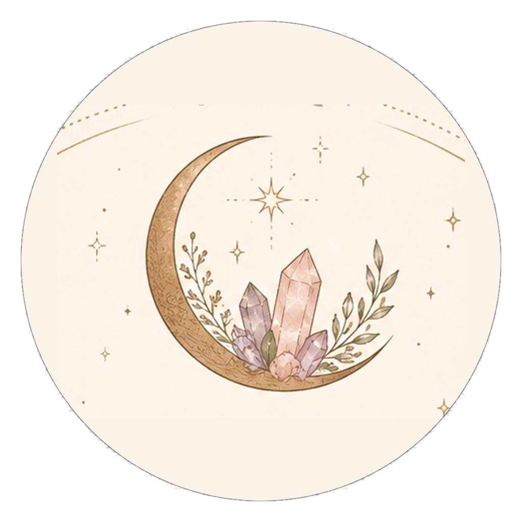 Ilustração em aquarela de uma lua crescente com cristais e estrelas