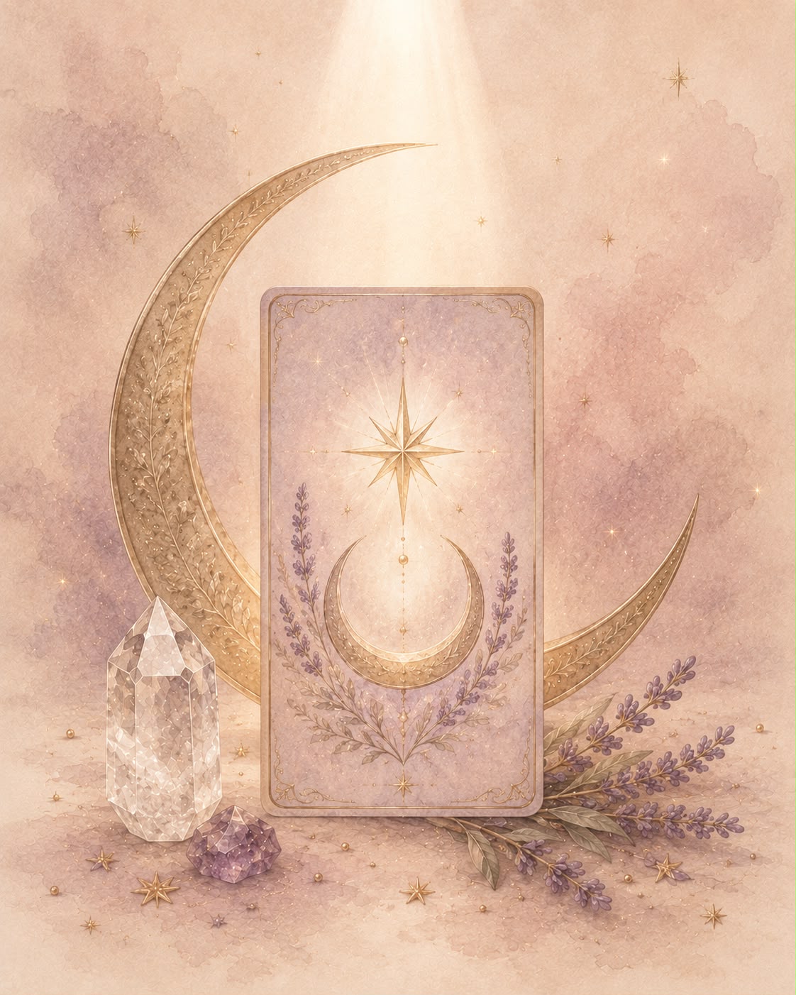 Carta de tarot com estrela, lua e lavanda, para a Clareza Lunar