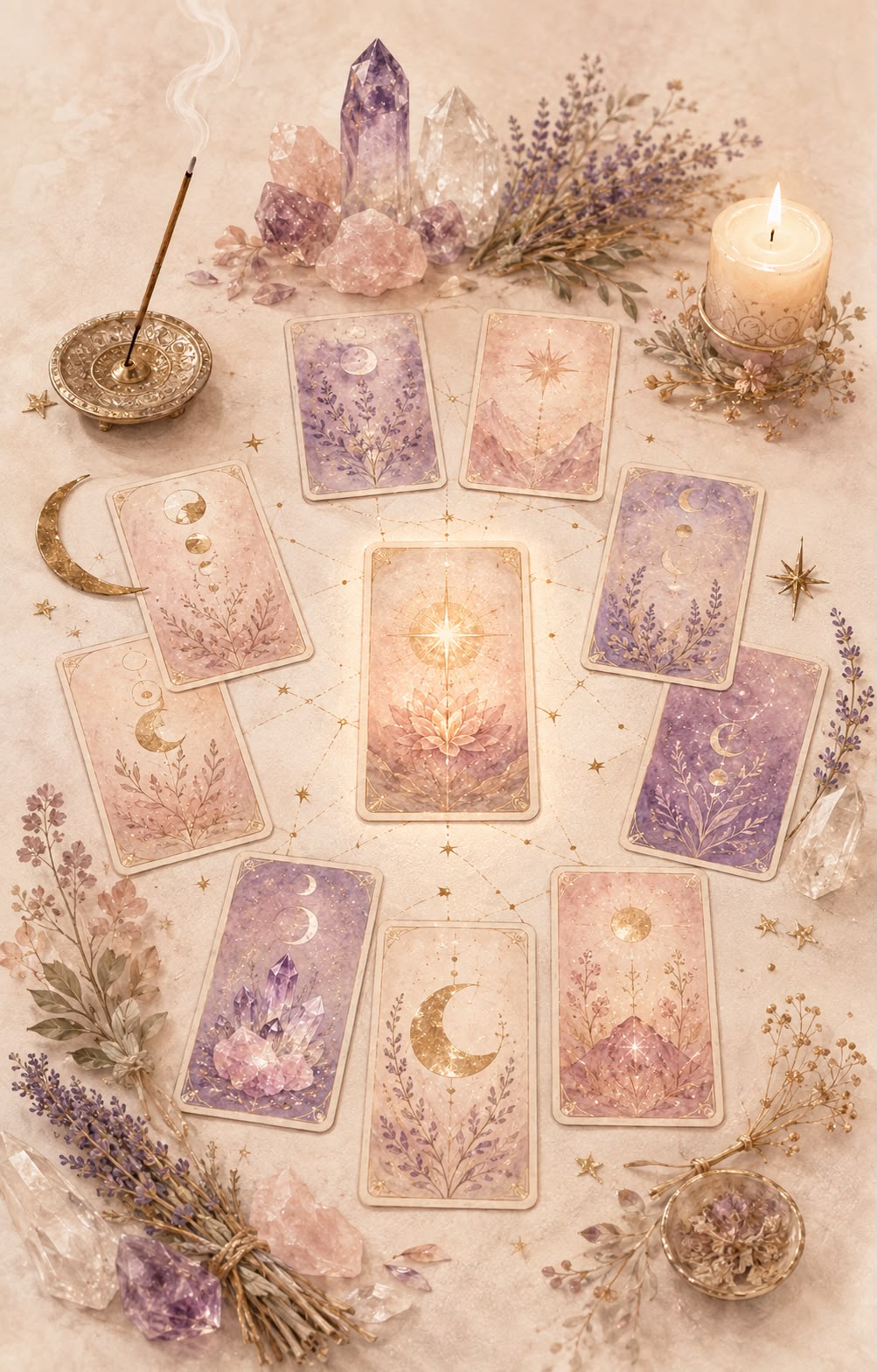 Spread de tarot com cristais, vela e incenso para o Mapa da Alma